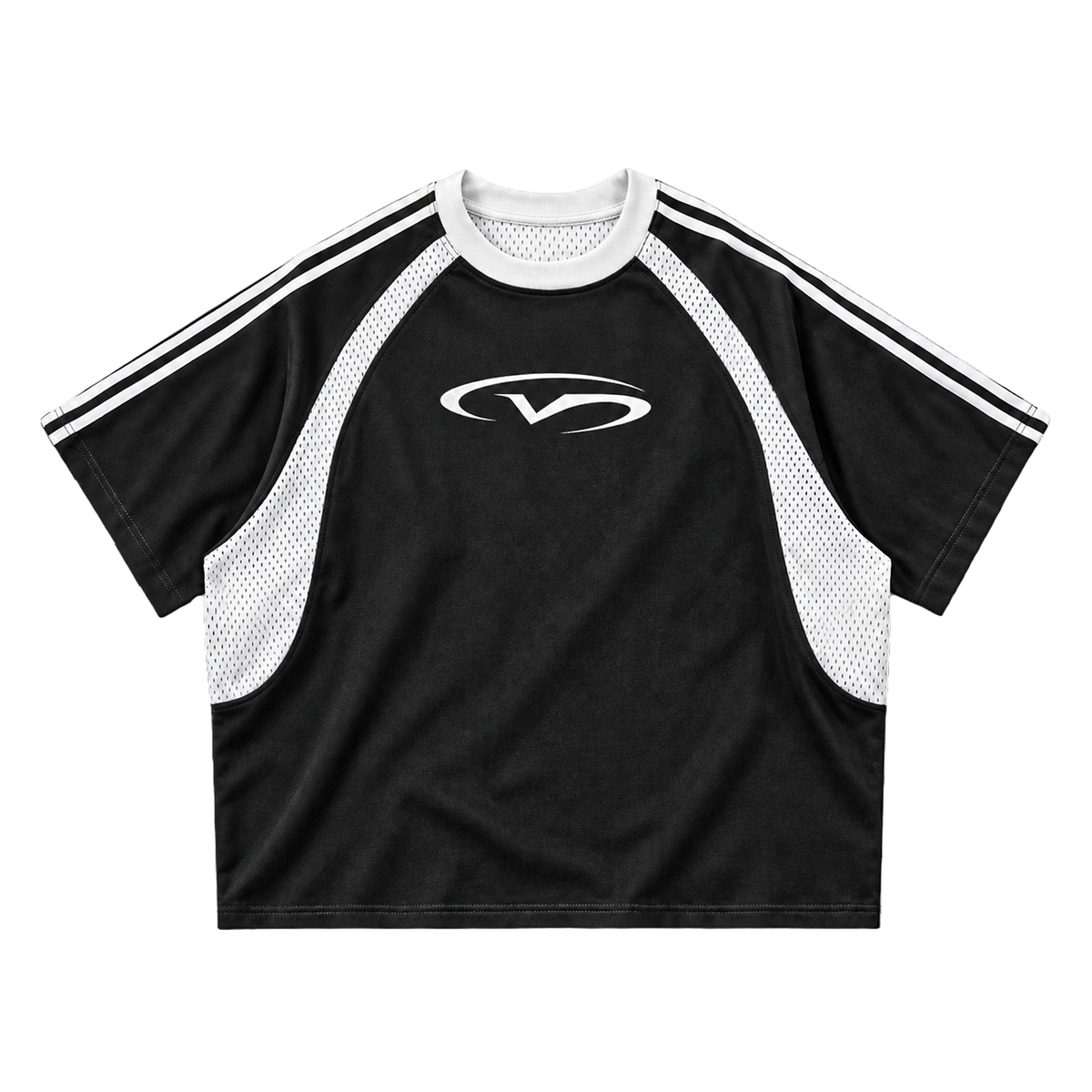 Contrast Striped Panel Mesh Logo Tee - Black/White
