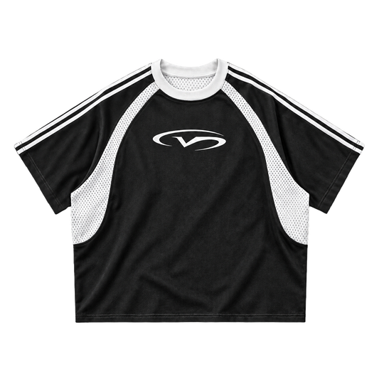 Contrast Striped Panel Mesh Logo Tee - Black/White