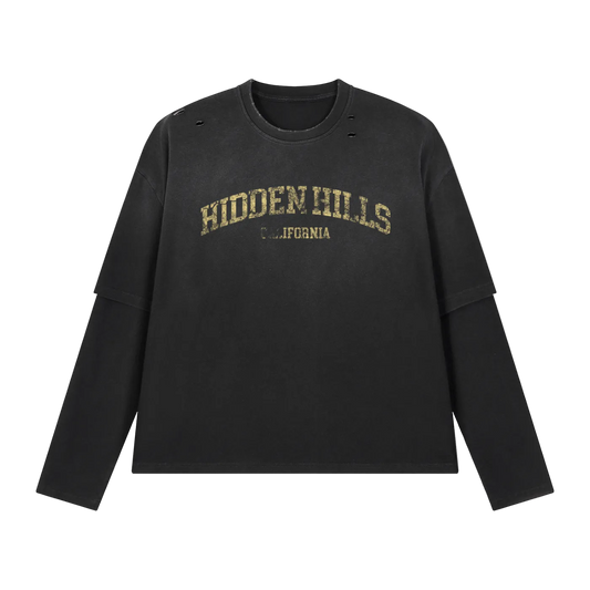 HIDDEN HILLS VINTAGE LAYERED LONG SLEEVE TOP - BLACK/GOLD