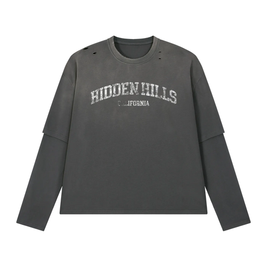 HIDDEN HILLS VINTAGE LAYERED LONG SLEEVE TOP - GREY/WHITE