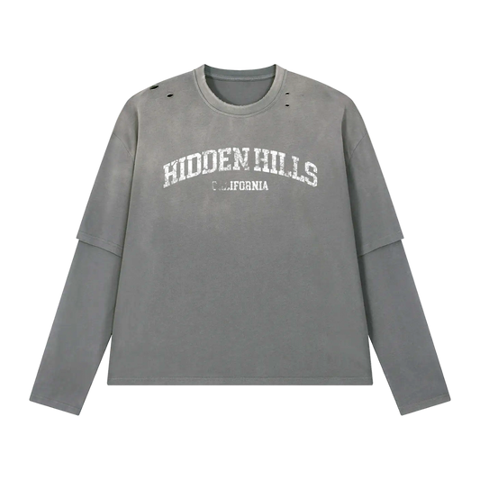 HIDDEN HILLS VINTAGE LAYERED LONG SLEEVE TOP - GREY/WHITE