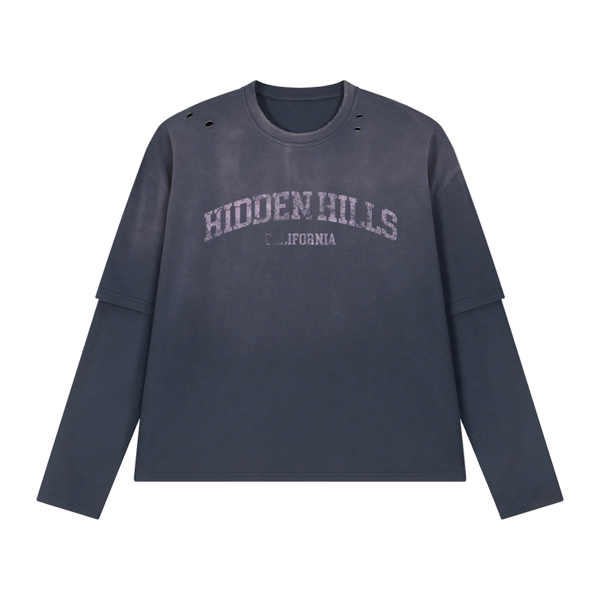 HIDDEN HILLS VINTAGE LAYERED LONG SLEEVE TOP - NAVY/WASHED PINK