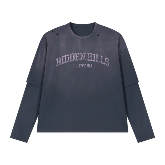 HIDDEN HILLS VINTAGE LAYERED LONG SLEEVE TOP - NAVY/WASHED PINK