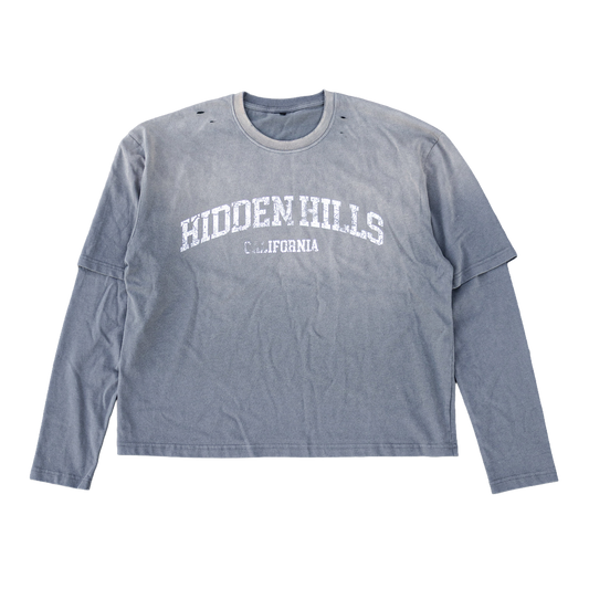 HIDDEN HILLS VINTAGE LAYERED LONG SLEEVE TOP - GREY/WHITE