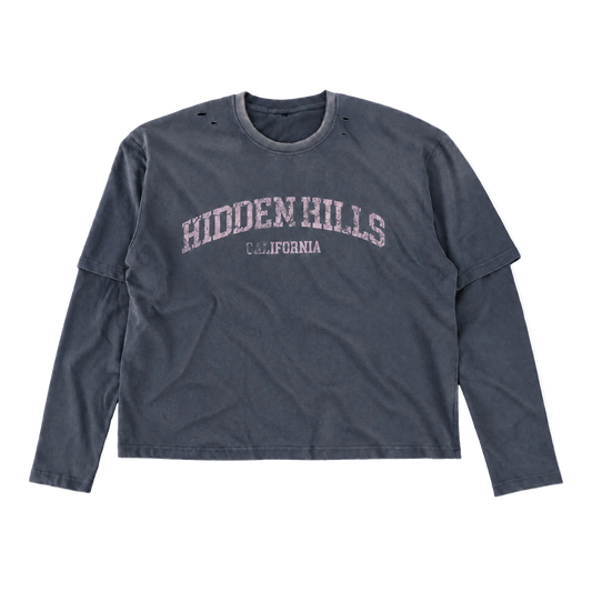 HIDDEN HILLS VINTAGE LAYERED LONG SLEEVE TOP - NAVY/WASHED PINK