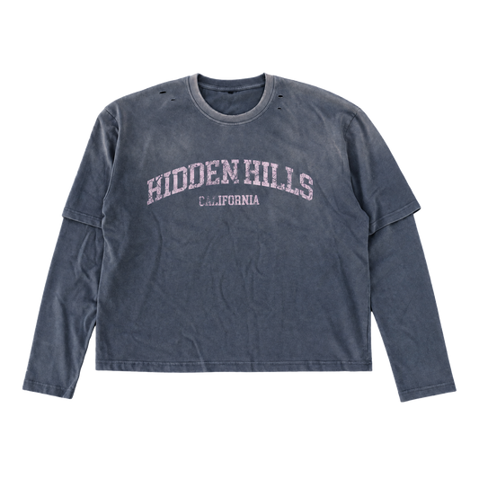 HIDDEN HILLS VINTAGE LAYERED LONG SLEEVE TOP - NAVY/WASHED PINK